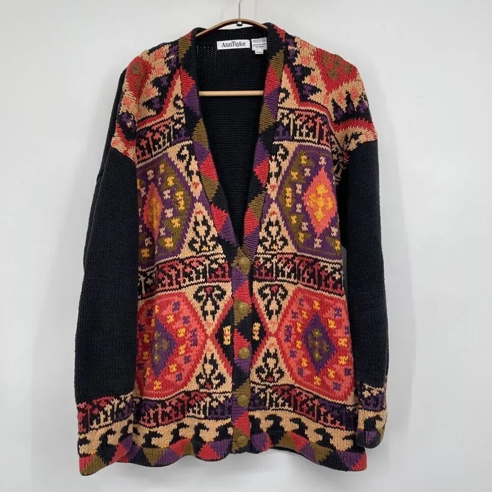 Vintage Ann Taylor Cardigan with a multicolor geometric pattern